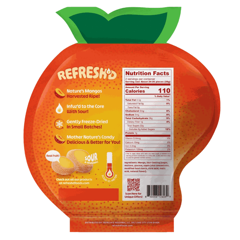 The back of the sour mangos pouch, showing the printed Nutrition Facts panel.