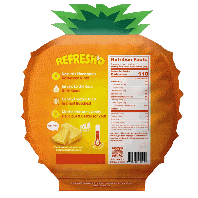 The back of the sour pineapples pouch, showing the printed Nutrition Facts panel.