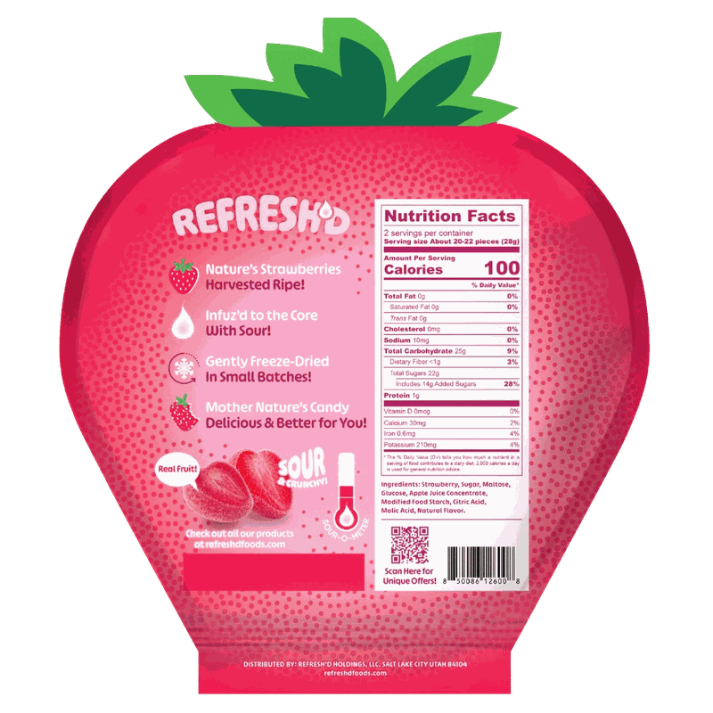 The back of the sour strawberries pouch, showing the printed Nutrition Facts panel.