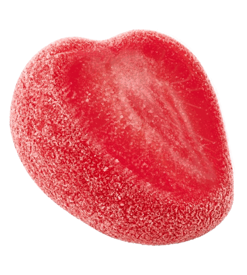 One REFRESH'D freeze-dried sour strawberry, enlarged to show texture.