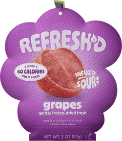 REFRESH'D sour freeze-dried grapes, 2 oz pouch die-cut in the shape of a bunch of grapes